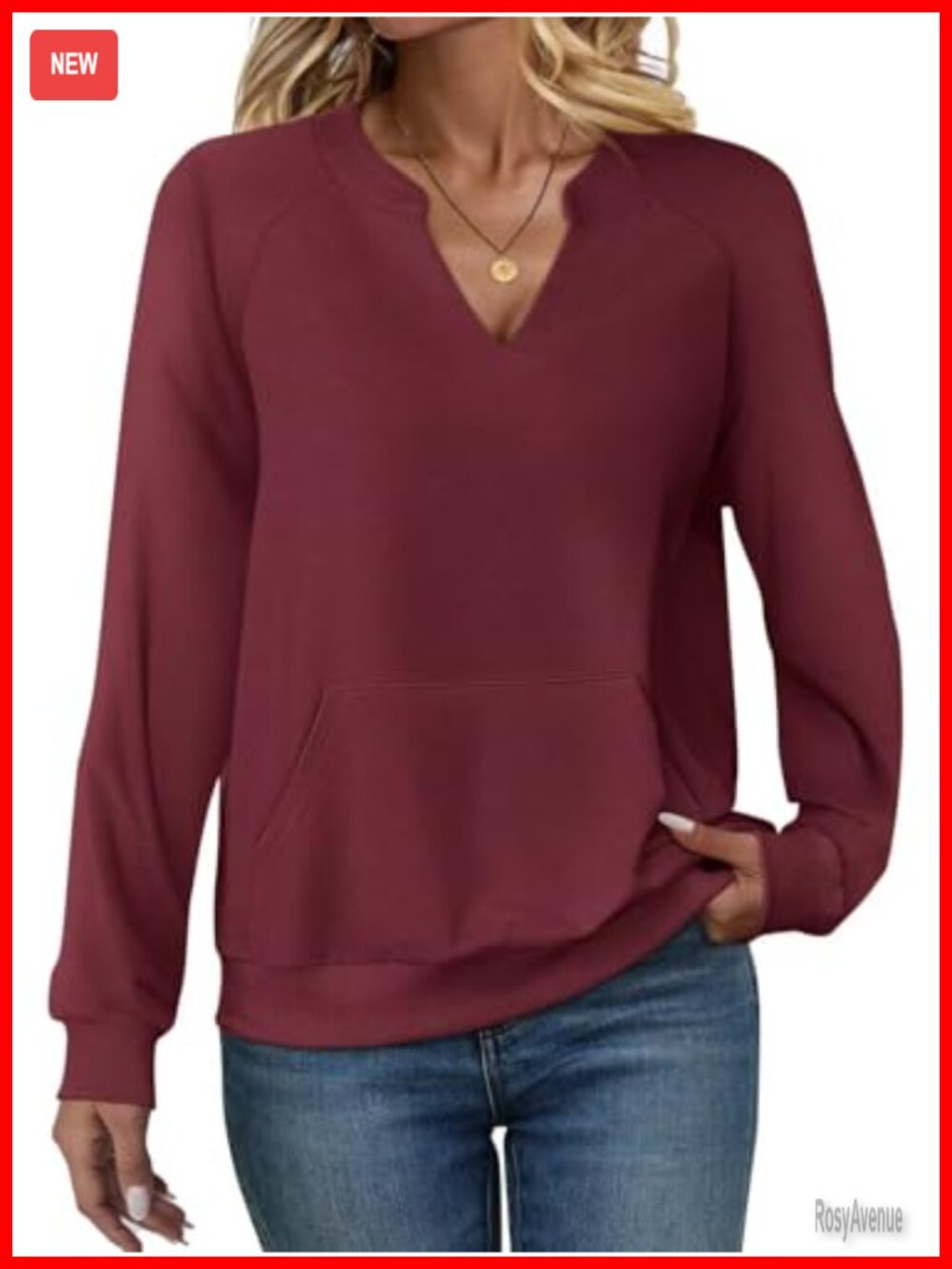 Womens V Neck Fleece Sweatshirt with Pockets Long Sleeve Pullover
